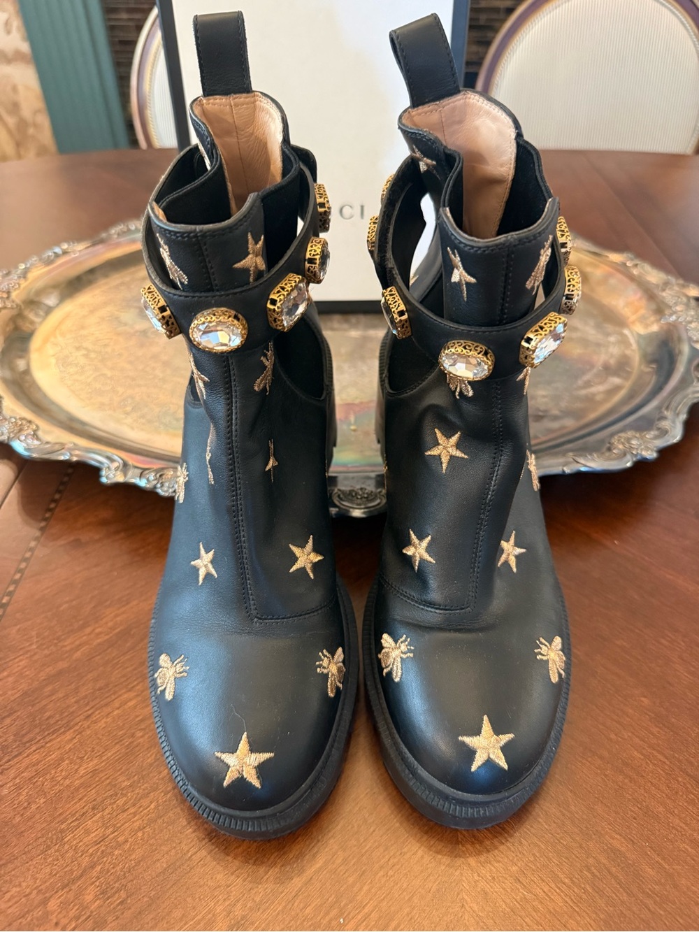 Gucci Black Woman’s Bee & Star Embroidered Chelsea Boots with Jeweled Strap - Picture 4 of 9